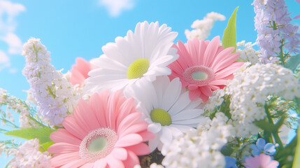 Delicate pink and white daisies intermingle with lush spring flowers, all radiant against a cerulean sky, creating a joyful celebration of nature’s beauty