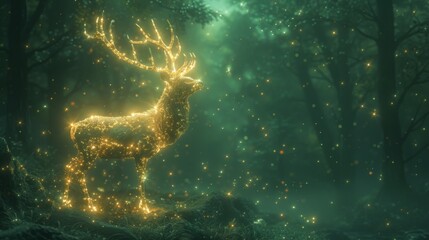 Poster - Conceptualize a neon exhibit of forest symbols, featuring shining deer