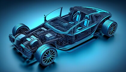 Wall Mural - 3D Render of Internal Combustion Engine Scheme with Chassis and Wheels in Generative AI Design