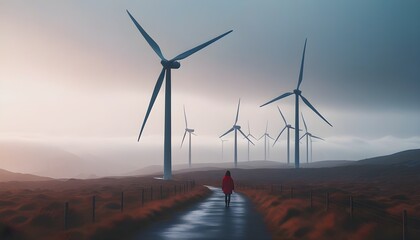 Wall Mural - Serene sunset over a wind farm with turbines silhouetted against vibrant skies