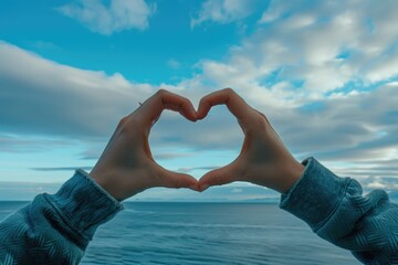 Hands In Shape Of Heart. Symbolic Gesture of Love and Emotion on Sky Background