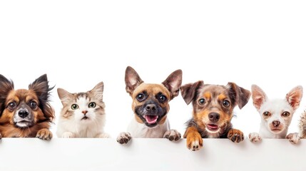 Happy Dogs and Various Cats Frame on White Background for Copy Space