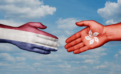 Hong Kong and Netherlands country handshaking with flags, consensus concept international co-operation illustration