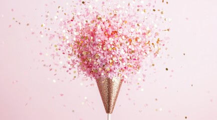 Canvas Print - A pink and gold glittery party popper exploding with confetti, against a white background, with a pastel aesthetic