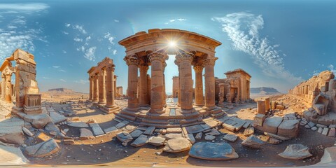 Wall Mural - An immersive 360-degree panorama of an ancient ruins site, with crumbling temples and forgotten monuments standing as silent