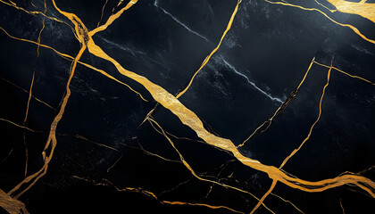 Wall Mural - abstract black marble background with golden veins japanese kintsugi technique fake painted artificial stone texture marbled surface digital marbling background illustration