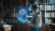 © Екатерина Чумаченко - School student with VR headset using AI artificial intelligence technology & machine learning.Interactive technology in classroom. Innovation & smart tech. AI blue hologram in education