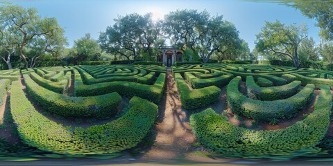 Wall Mural - An immersive 360-degree panorama of an intricate hedge maze, with towering green walls and twisting pathways leading to