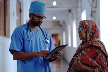 Sticker - An Indian man in blue hospital doctor costume showing his tablet to an old woman computer adult nurse.