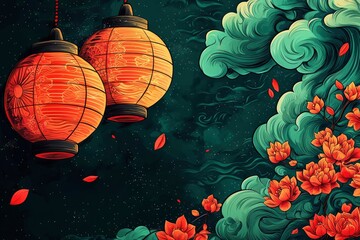 Wall Mural - Two Red Lanterns Hanging Against a Background of Green Swirling Clouds and Orange Flowers