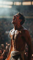 Poster - Young Gladiator's Victory Roar in Ancient Arena Under Dramatic Light  