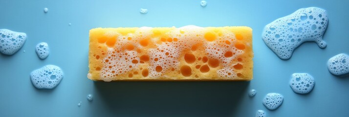 Vibrant Yellow Sponge with Soap Foam Against a Blue Backdrop