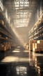 © Michal - Shot of a large warehouse with neatly stacked boxes and pallets filled with goods, creating an atmosphere that evokes the essence of modern storage technology