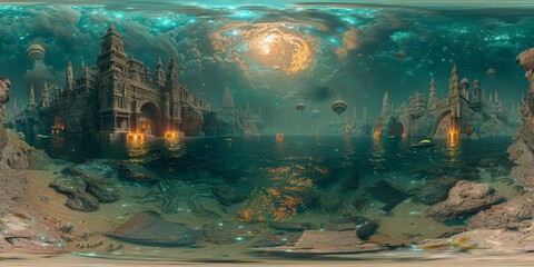 Wall Mural - An immersive 360-degree equirectangular panorama of the alien ocean, with bioluminescent marine life illuminating the depths, alien submarines