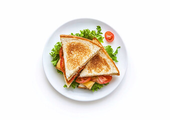 Wall Mural - Plate with toasted ham and cheese sandwiches on white background.Top view.AI Generative.