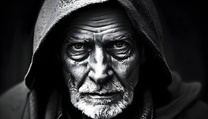 Wall Mural - Mystical monochrome portrait of an older man with a hood, showcasing profound emotion and enigma in piercing eyes and a powerful expression