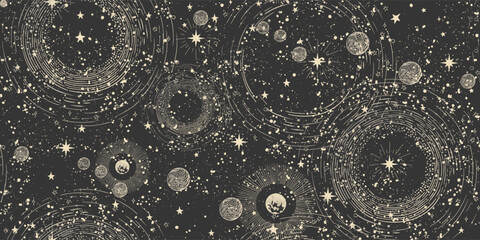 seamless cosmic boho pattern with stars on black background for tarot, astrology. mystical sky with 