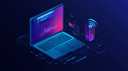 Isometric design icon for voice search optimization, featuring modern voice technology like Siri. The illustration includes a laptop and mobile phone on a dark background, perfect for banners or websi