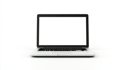 A sleek silver laptop with a blank white screen, set against a white background, ideal for tech product displays or digital marketing concepts.