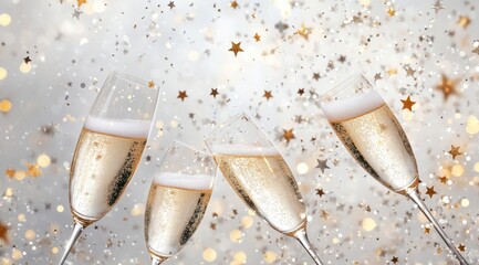 photograph of company toasting with champagne glasses, confetti stars floating in the air