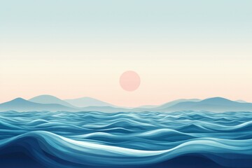 Canvas Print - A Minimalist Illustration of a Pink Sun Setting Over an Abstract Ocean