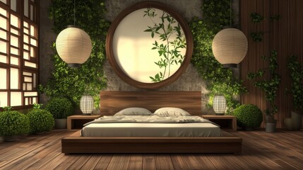 An interior design with Japanese style features wallpaper and wooden walls in green and beige tones. The floor has parquet, there is a master bed, carpets, and a paper lamp.