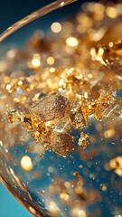 close up of shimmering gold flakes floating in clear liquid, creating luxurious and captivating visual effect. sparkling details evoke sense of elegance and opulence