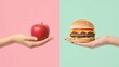 © Gentle Bunny - A vibrant comparison of healthy and indulgent food options showcasing an apple and a burger in creative hands.