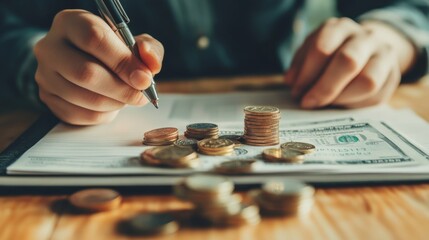 Poster - A close-up of hands counting bills and coins on a table, with a notepad displaying a savings plan in the background, capturing the essence of budgeting and financial responsibility.