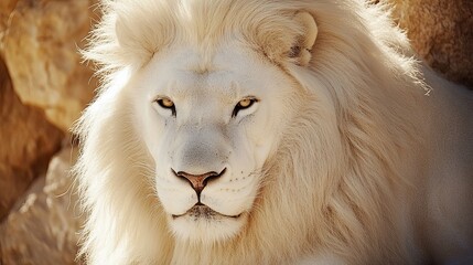 Wall Mural - Close-up of the muzzle of an adult albino lion. The predator stares straight into the camera. Natural background. Illustration for cover, postcard, interior design, banner, brochure, etc.