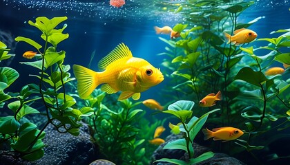 Vibrant underwater scene showcasing yellow fish gracefully swimming amid lush green aquatic plants in a lively freshwater aquarium