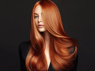 beautiful woman model with long ginger red silky shining hair for hair products advertising on black