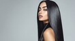 © DenisMArt - Young beautiful woman model brunette with long black silky shining hair for hair products advertising.Macro.AI Generative.