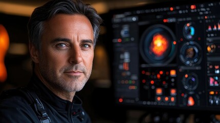 Confident Man in Front of Computer with Futuristic Interface