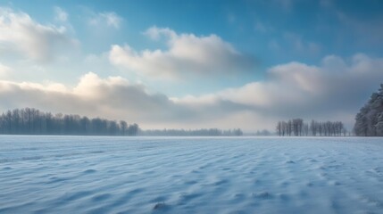 Wall Mural - A quiet, snow-covered field with a distant line of trees and soft clouds rolling across the sky