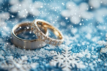 Two Gold Wedding Bands on a Snowy Background with Sparkling Lights