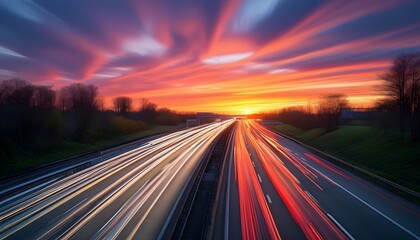 Wall Mural - Vibrant sunset highway with dynamic motion blur and captivating light trails in long exposure photography