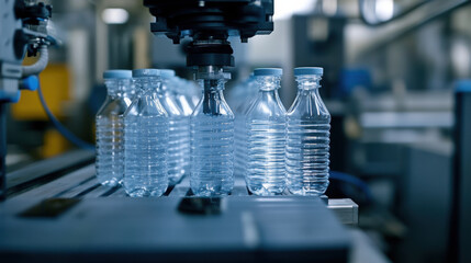 Automated machinery shapes and molds plastic bottles in factory setting, showcasing efficiency of modern manufacturing processes. scene highlights precision and technology involved in production