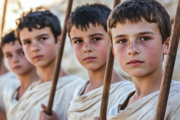 Sticker - Young Roman Gladiators in Training at Traditional Arena  