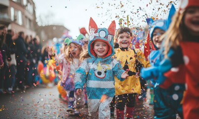 Group of children dressed as funny characters on street carnival with confetti. New Year, December. Halloween children. Celebration Wallpaper, poster.