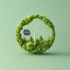 Poster - Green Energy Concept - Wind Turbines, Solar Panels, and Lush Forest.