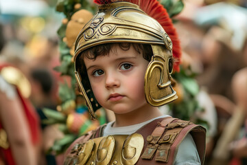 Wall Mural - Joyful Child in Gladiator Costume at Roman Festival  