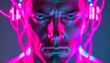 © 克 杜 - Futuristic close-up portrait of a cyborg man illuminated by red light, showcasing human and machine integration with visible wires and advanced technology