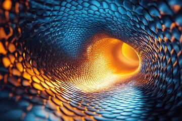 Wall Mural - A vibrant digital abstract image depicting a swirling tunnel of blue and orange textures, evoking energy and movement.