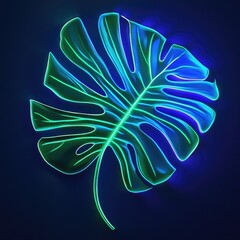 Wall Mural - A vibrant neon leaf design featuring a glowing monstera leaf on a dark background, ideal for modern decor and art projects.