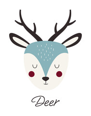 Deer cute cartoon portrait, poster for children room and design for greeting card.