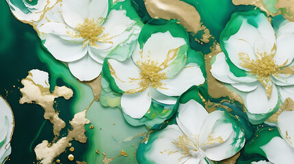 Illustration modern flower marble texture with abstract green, white, glitter and gold alcohol color background.