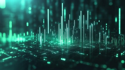 abstract computational landscape with glowing green lines representing data flow and digital connect