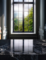 Wall Mural - Empty black marble stone table top and blurred of interior room with window view from green tree garden background background - can used for display or montage your products.