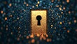 © javu - Golden keyhole illuminated by glowing particles on a dark background.